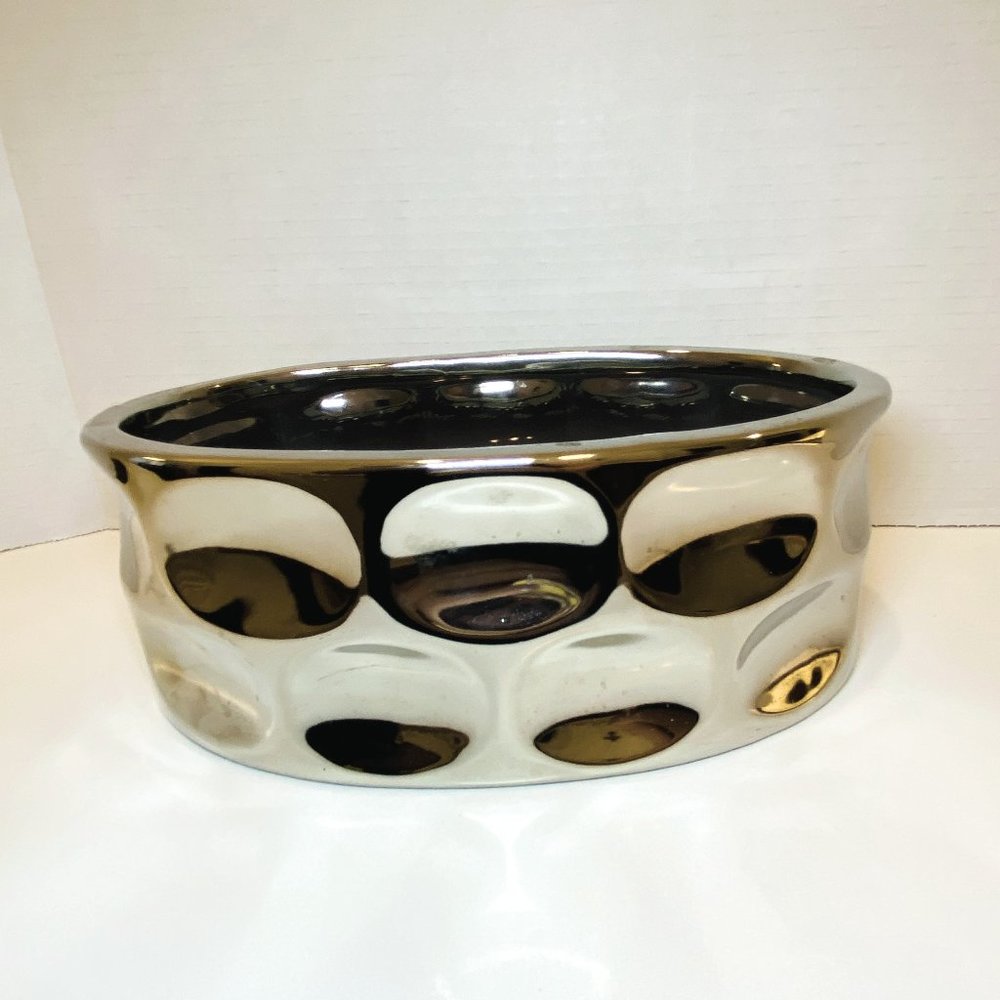 Modern Silver Tone Oval Ceramic Planter or Table Centrepiece